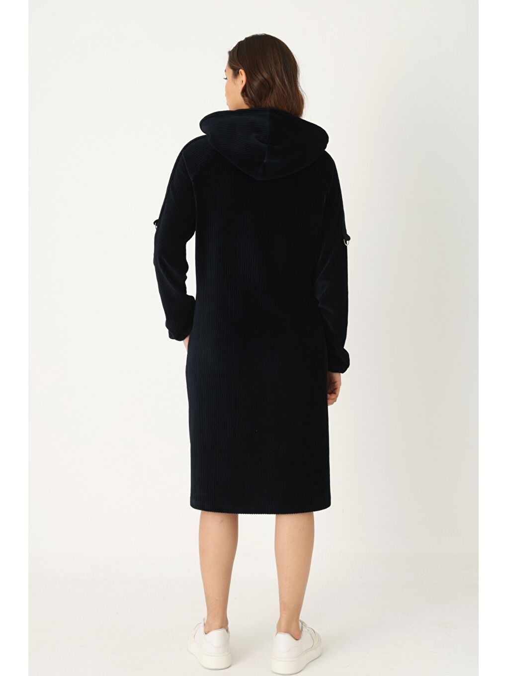 Siyah Kadın Haki Kapüşonlu Fermuarlı Pamuklu Kadife Cepli Elbise-4