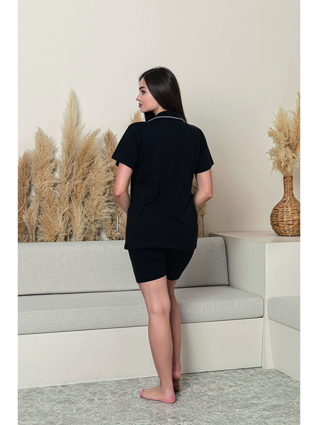 Kadın Siyah %100 Pamuk Biyeli Yüksek Kaliteli Gömlek Yaka Düğmeli Kısa Kollu Şortlu Pijama Takımı-2