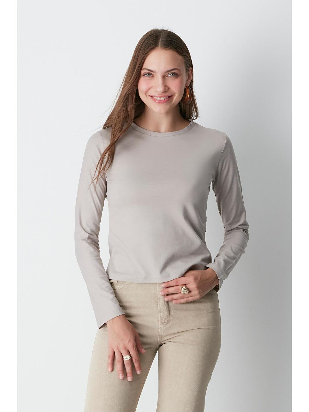 Bisiklet Yaka Uzun Kol 2'Li Basic T-Shirt 955 Gri/Bej-4