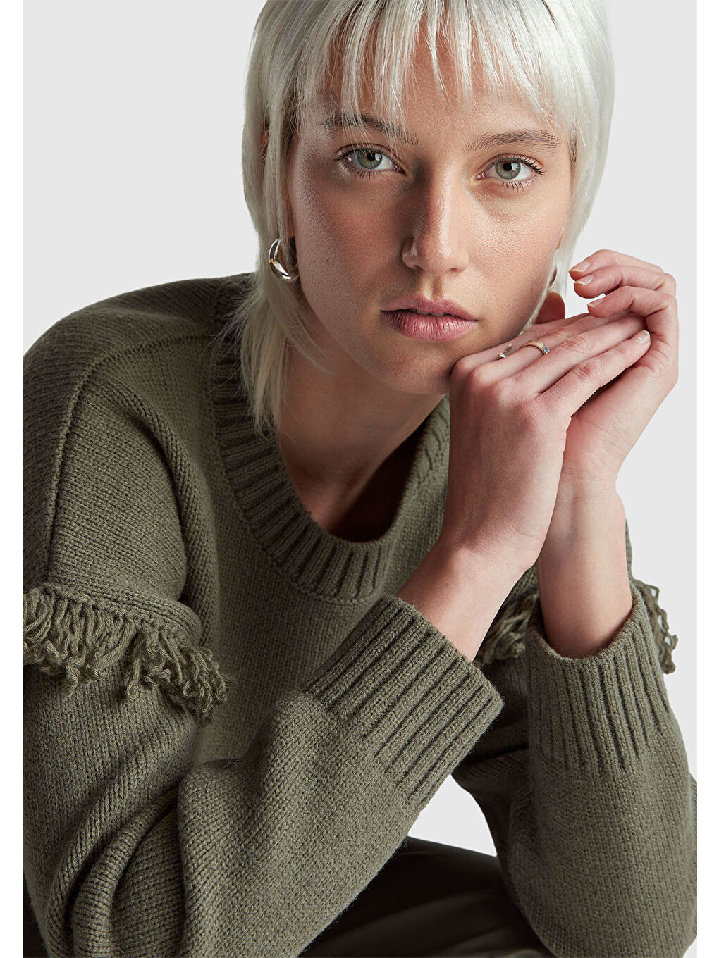 Kadın Haki Yün ve Akrilik Karışımlı Ribana Detaylı Bisiklet Yaka Kazak-5