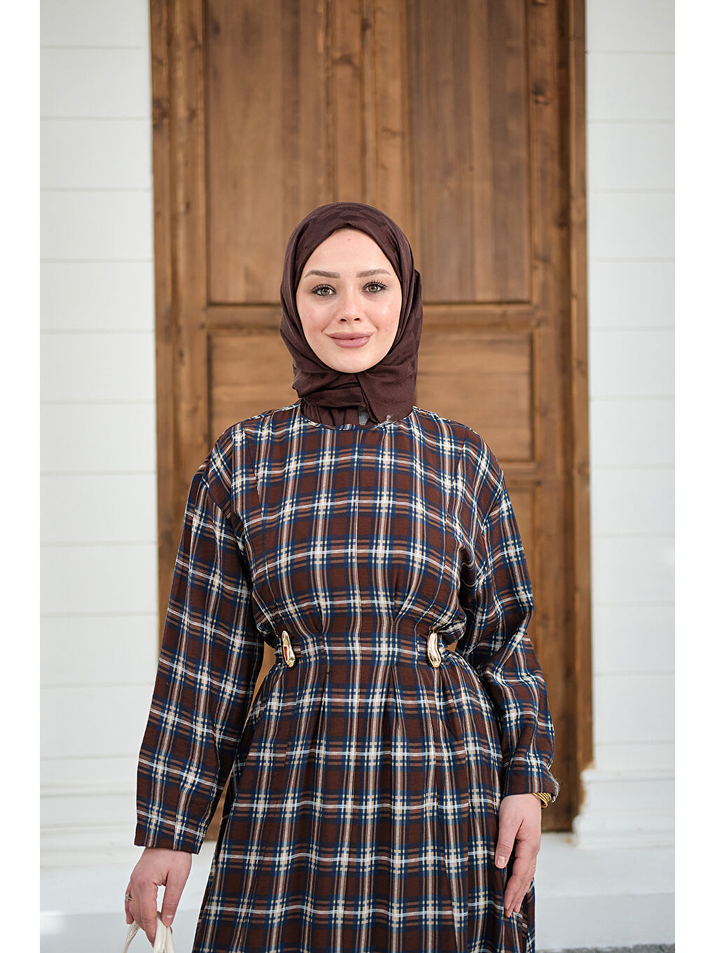 Kadın Ekose Desen Bronş Detay Arkadan Bağlamalı Elbise Kahverengi-2