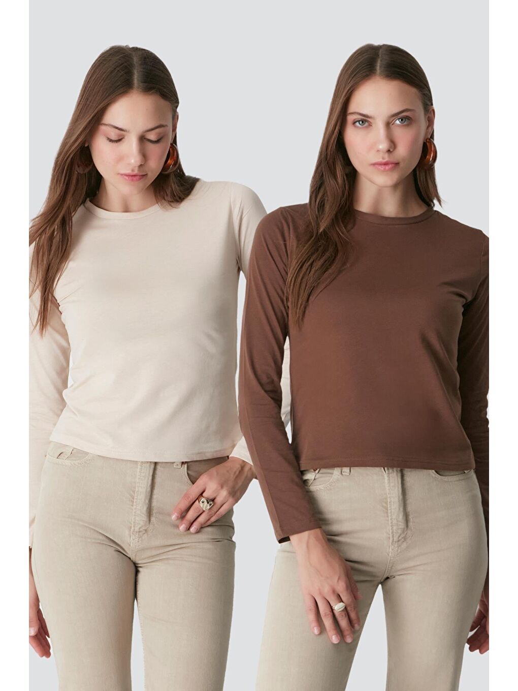 Bisiklet Yaka Uzun Kol 2'Li Basic T-Shirt 955 Bej/Kahverengi