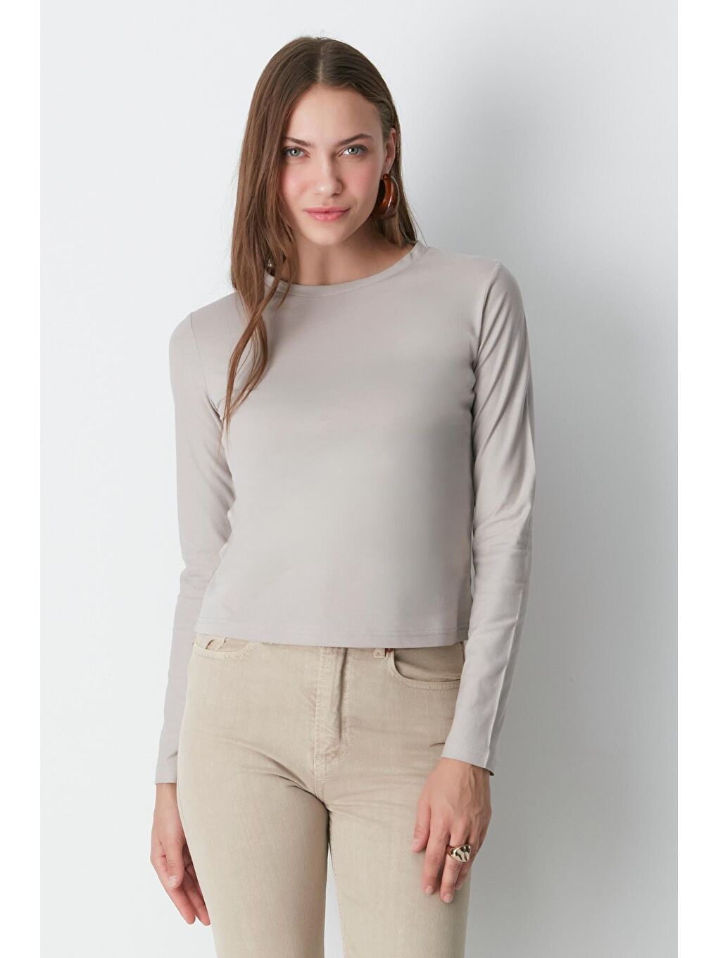 Bisiklet Yaka Uzun Kol 2'Li Basic T-Shirt 955 Gri/Bej-6