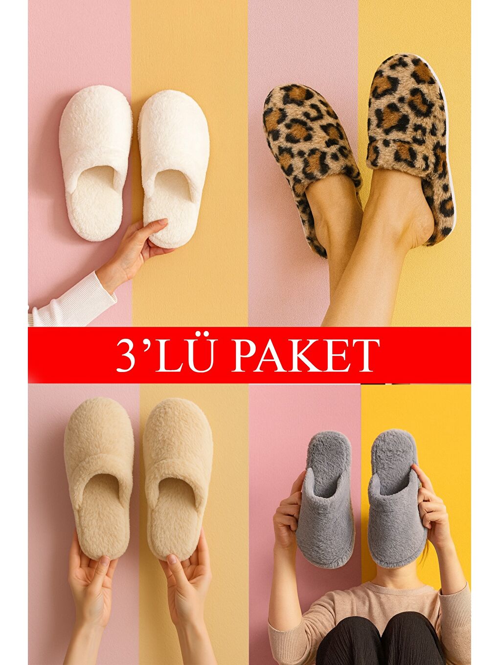 Karışık 3'lü Paket TÜYLÜ KAPALI Kapalı Kadın Terlik Ev Terliği