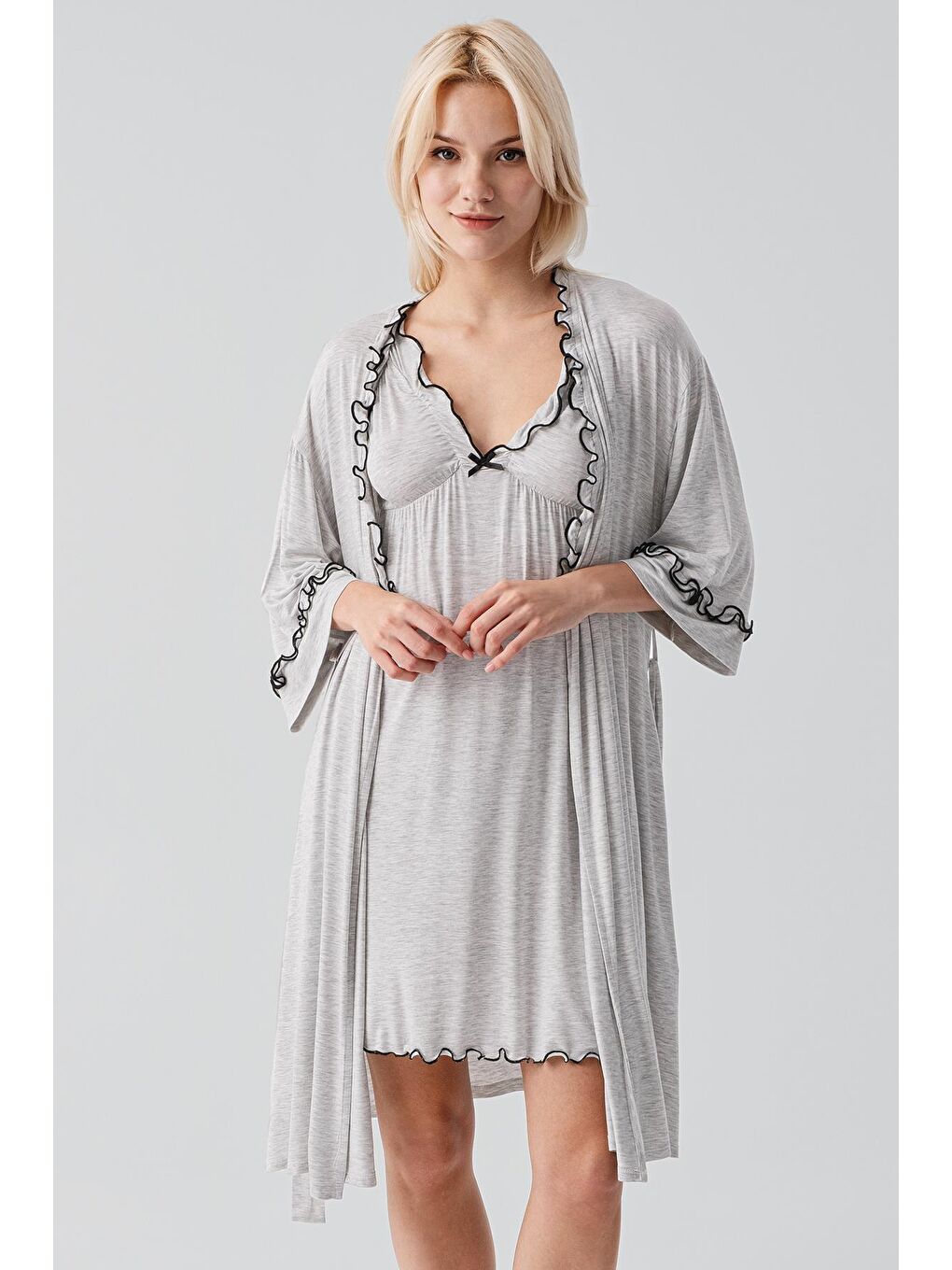 Gri Askılı Kısa Esnek Viskoz Hamile Sabahlık Gecelik Takım 19400-2