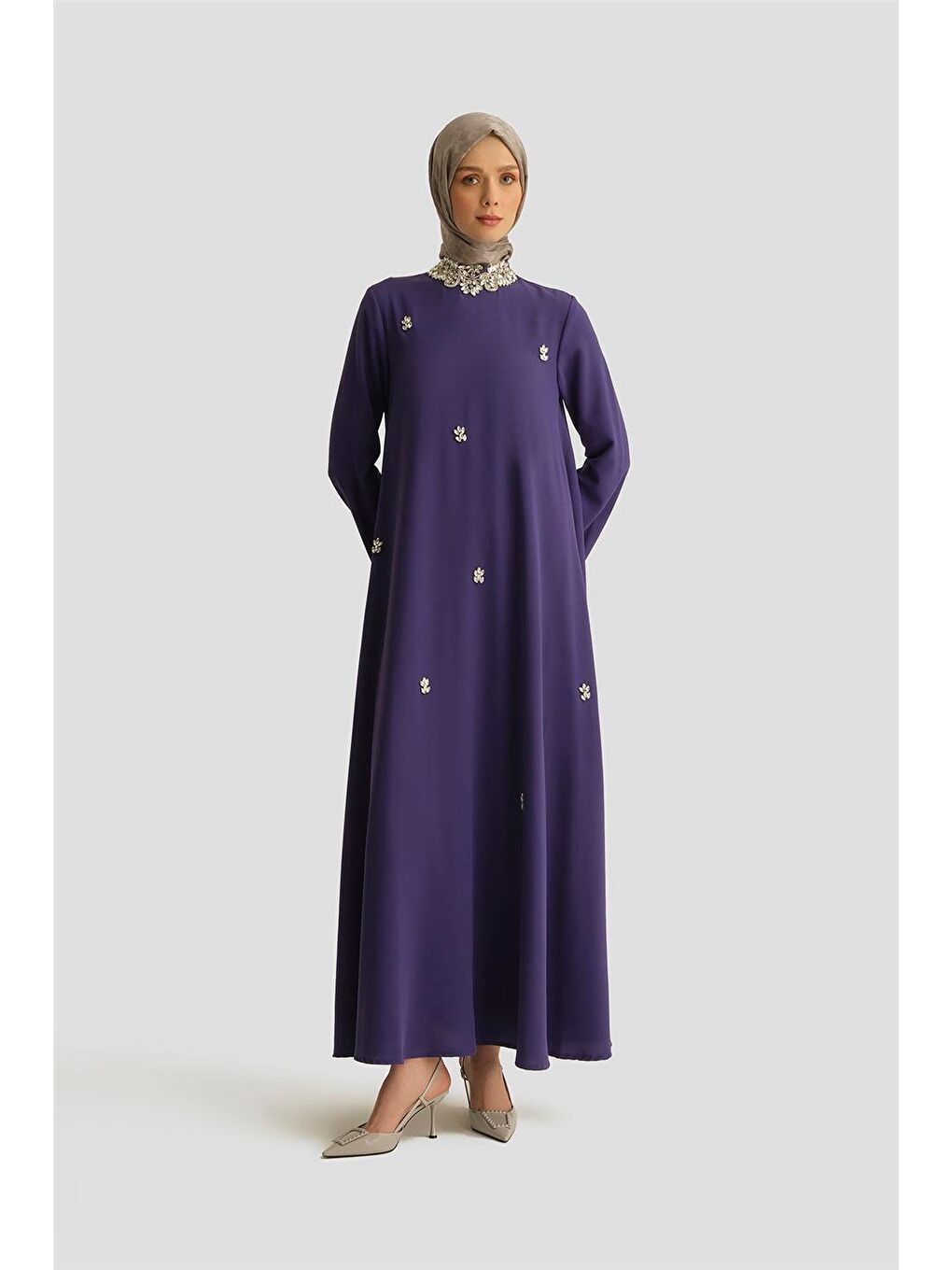 Taş Detaylı Elbise 25Yt905 Morcivert