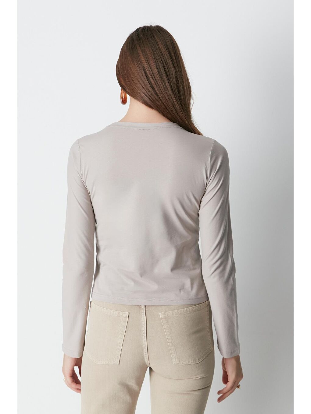 Bisiklet Yaka Uzun Kol 2'Li Basic T-Shirt 955 Gri/Bej-7