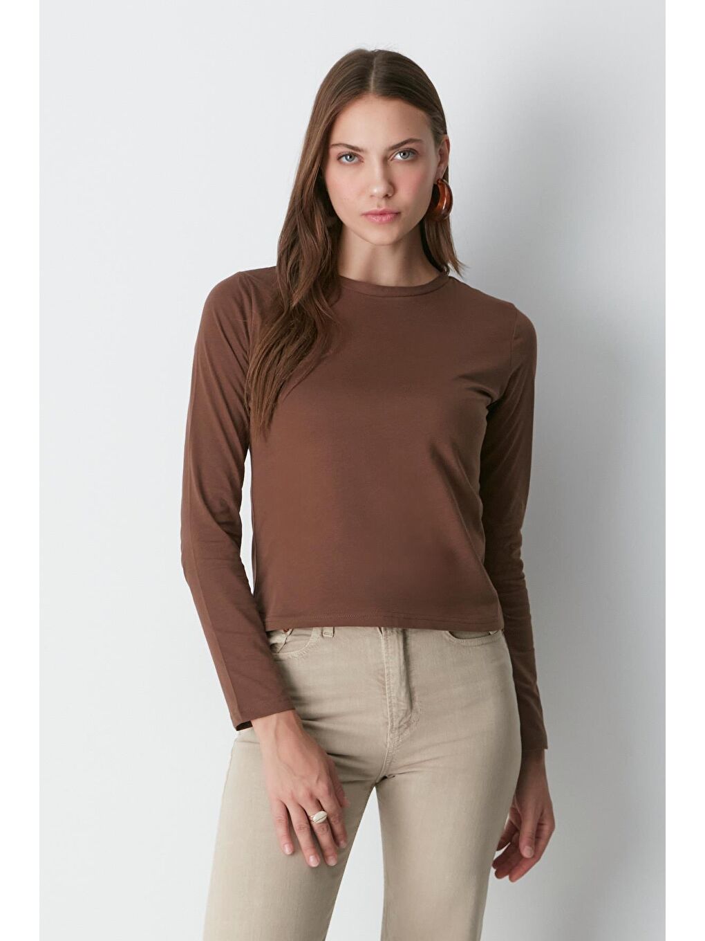 Bisiklet Yaka Uzun Kol 2'Li Basic T-Shirt 955 Bej/Kahverengi-1