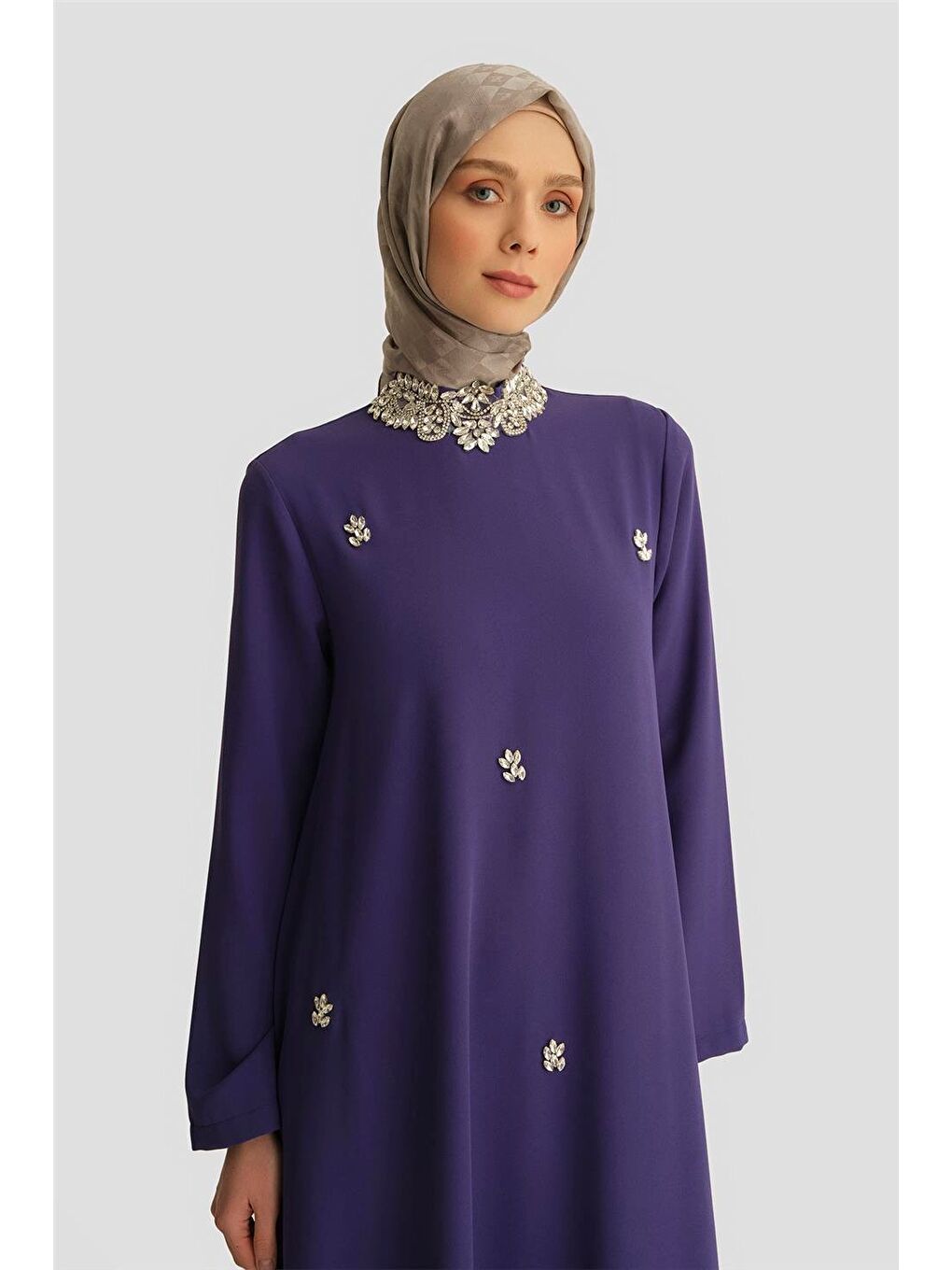 Taş Detaylı Elbise 25Yt905 Morcivert-1