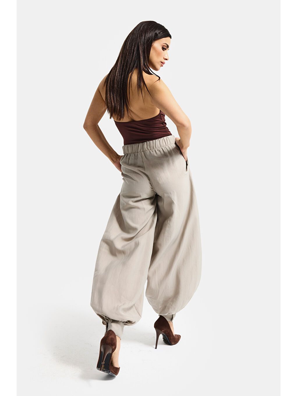 Bej Kadın Taş Renk s5-106 Baggy Fit Viskon Kumaş Rahat Kesim Yürüyüş Pantolonu-3