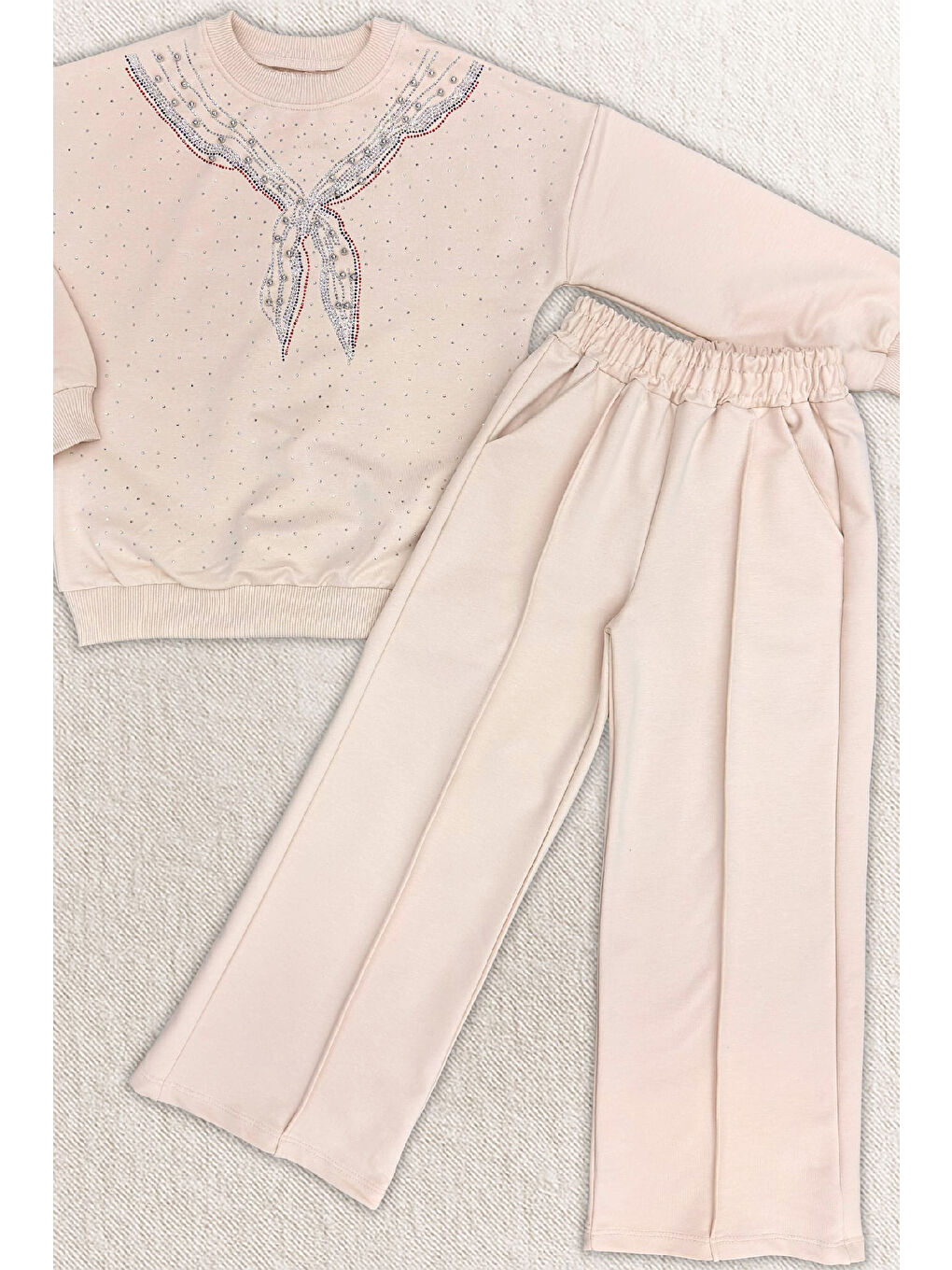 Ekru Kız Çocuk Taş Süslemeli Fular Desenli 2 İplik Alt-Üst Takım 4-12 Yaş 12511-1