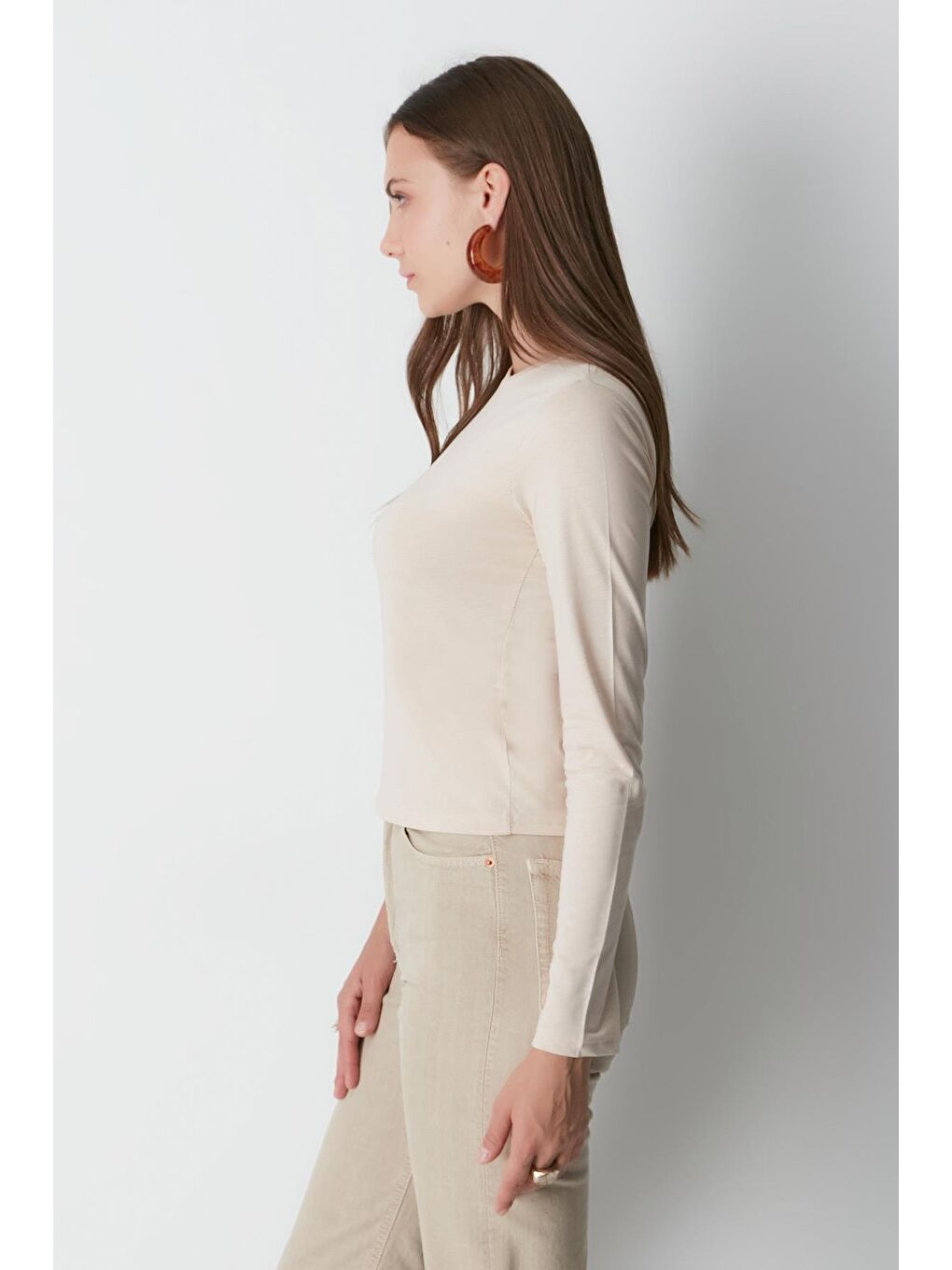 Bisiklet Yaka Uzun Kol 2'Li Basic T-Shirt 955 Bej/Kahverengi-5