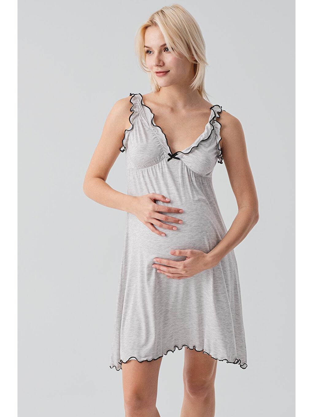 Gri Askılı Kısa Esnek Viskoz Hamile Sabahlık Gecelik Takım 19400-3
