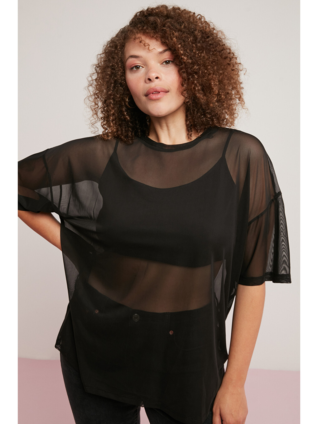 Yukı Kadın Yuvarlak Yaka Mesh Yarasa Kol Siyah Büyük Beden T-shirt-3