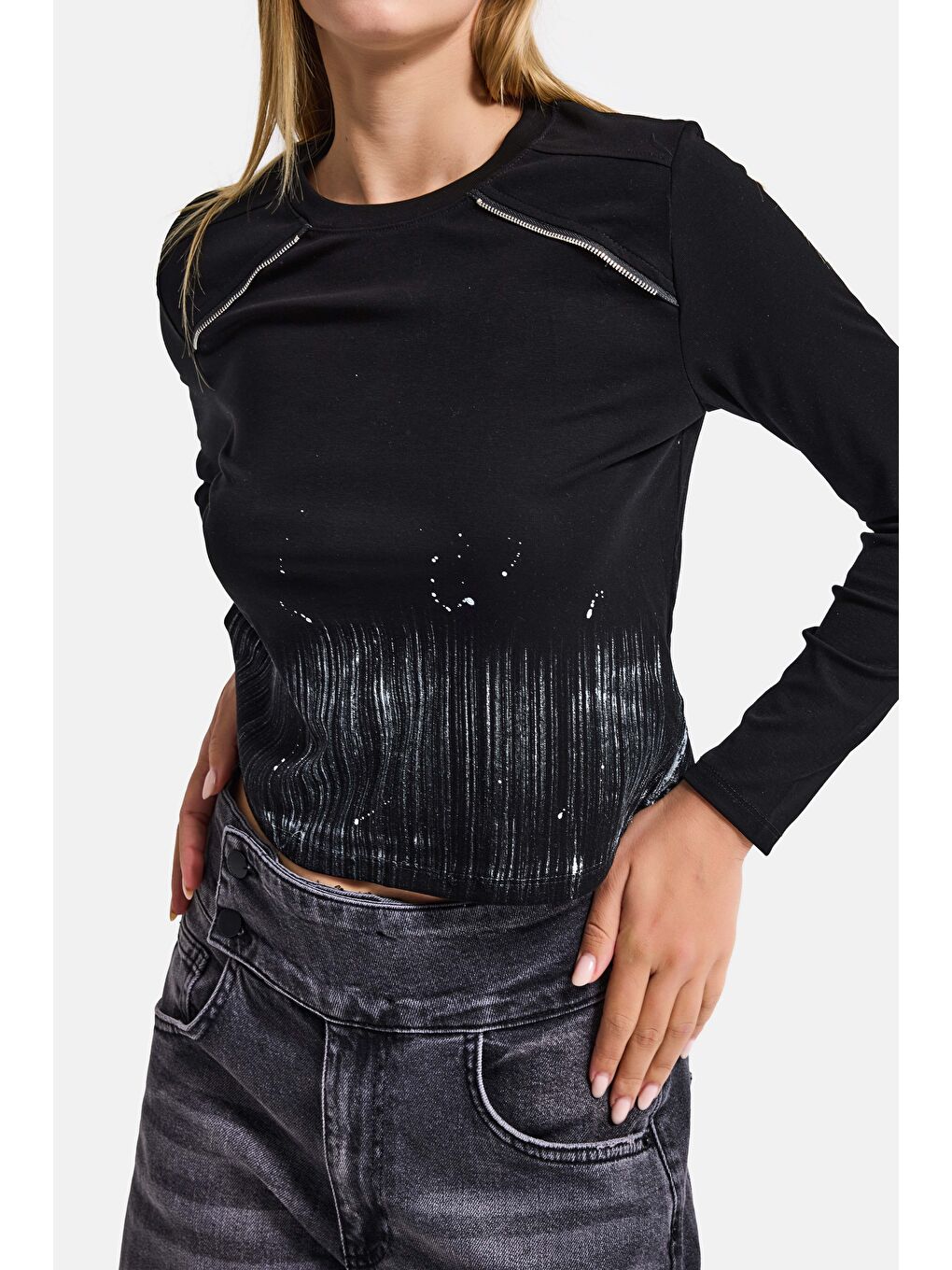 Kadın Siyah w5 Özel Baskılı Kumaş Fermuar Detaylı Tasarım Body