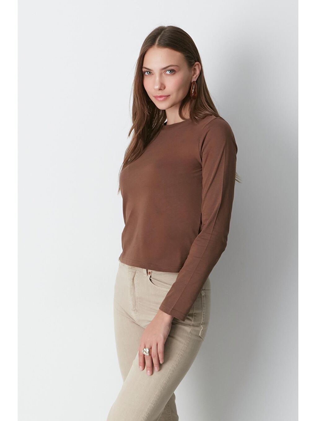 Bisiklet Yaka Uzun Kol 2'Li Basic T-Shirt 955 Bej/Kahverengi-7