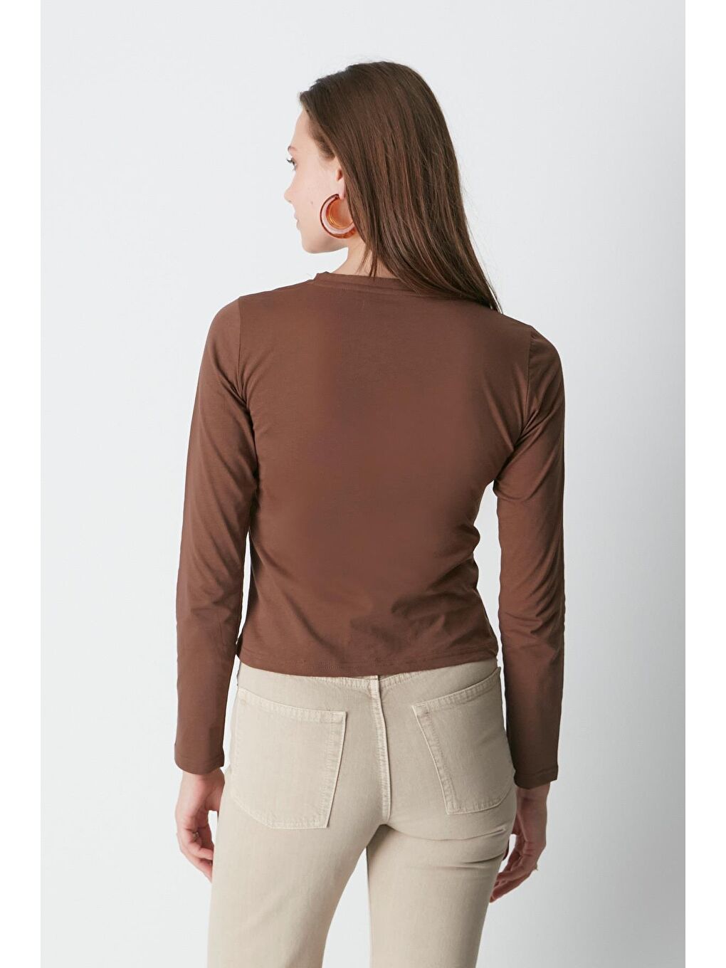 Bisiklet Yaka Uzun Kol 2'Li Basic T-Shirt 955 Bej/Kahverengi-8