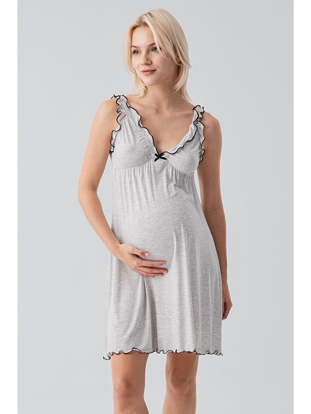 Gri Askılı Kısa Esnek Viskoz Hamile Sabahlık Gecelik Takım 19400-4
