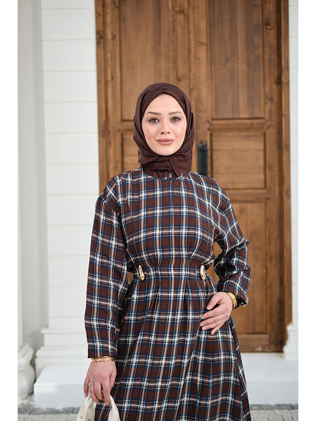 Kadın Ekose Desen Bronş Detay Arkadan Bağlamalı Elbise Kahverengi-4