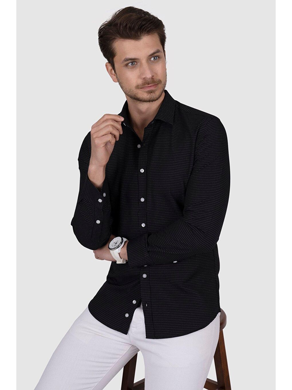 Siyah Nokta Desenli Slimfit Erkek Gömlek-1