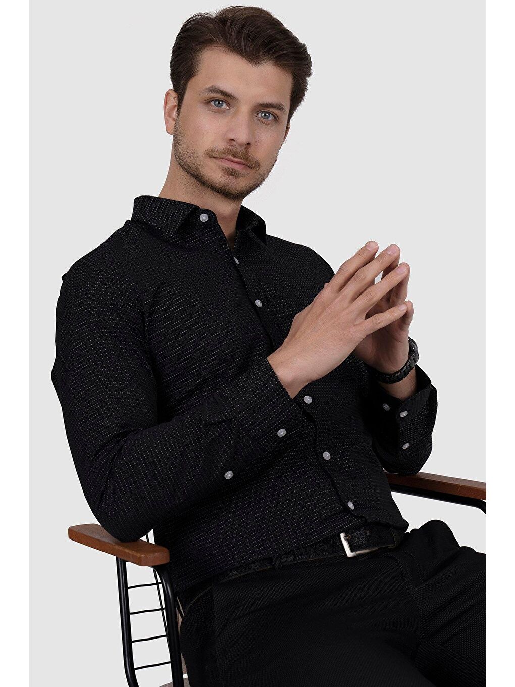 Siyah Nokta Desenli Slimfit Erkek Gömlek-2