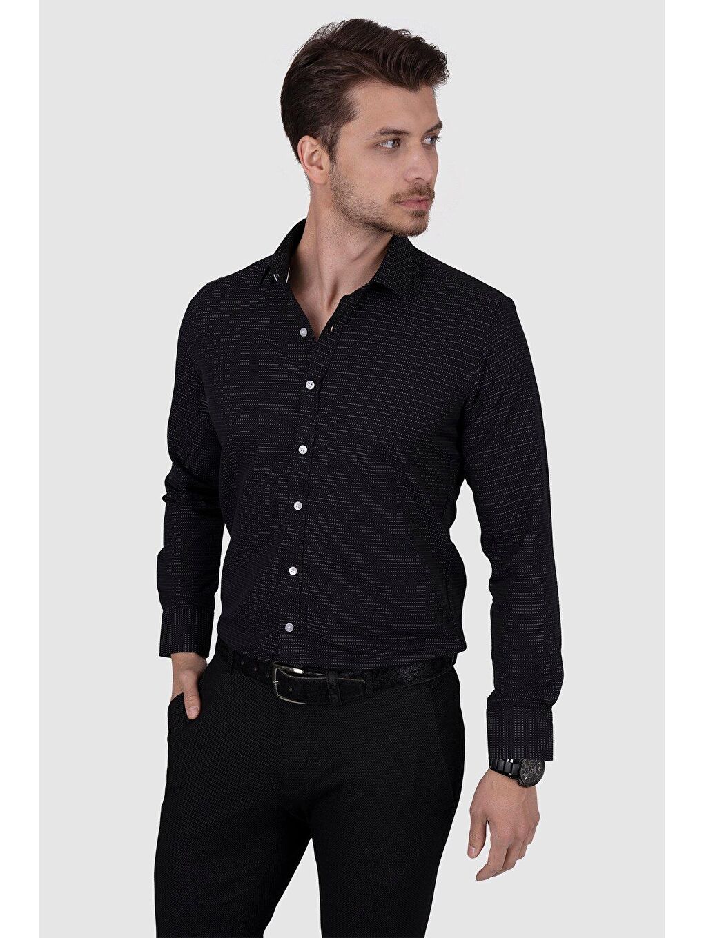 Siyah Nokta Desenli Slimfit Erkek Gömlek-4