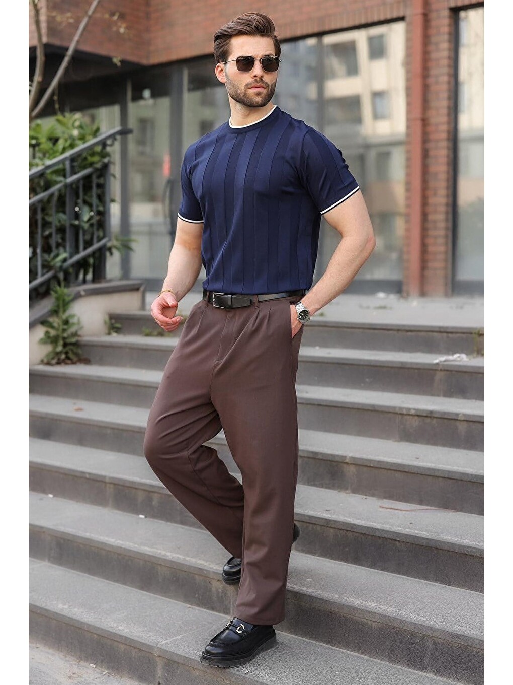 Lacivert Bisiklet Yaka Regular Fit Triko Erkek Tişört E7487-1