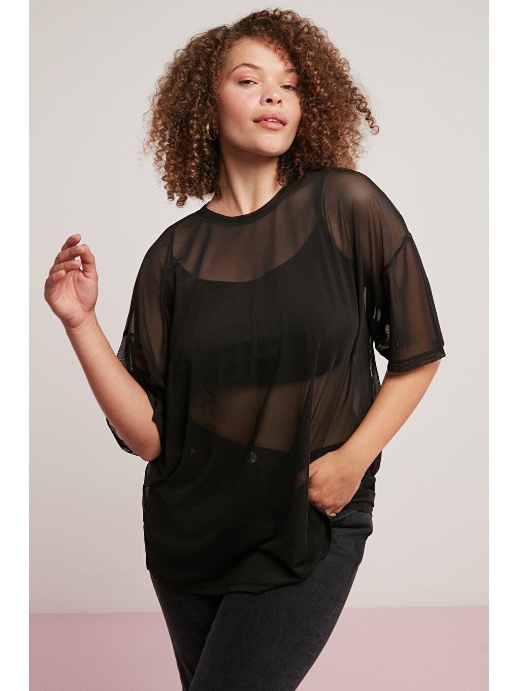 Yukı Kadın Yuvarlak Yaka Mesh Yarasa Kol Siyah Büyük Beden T-shirt-4