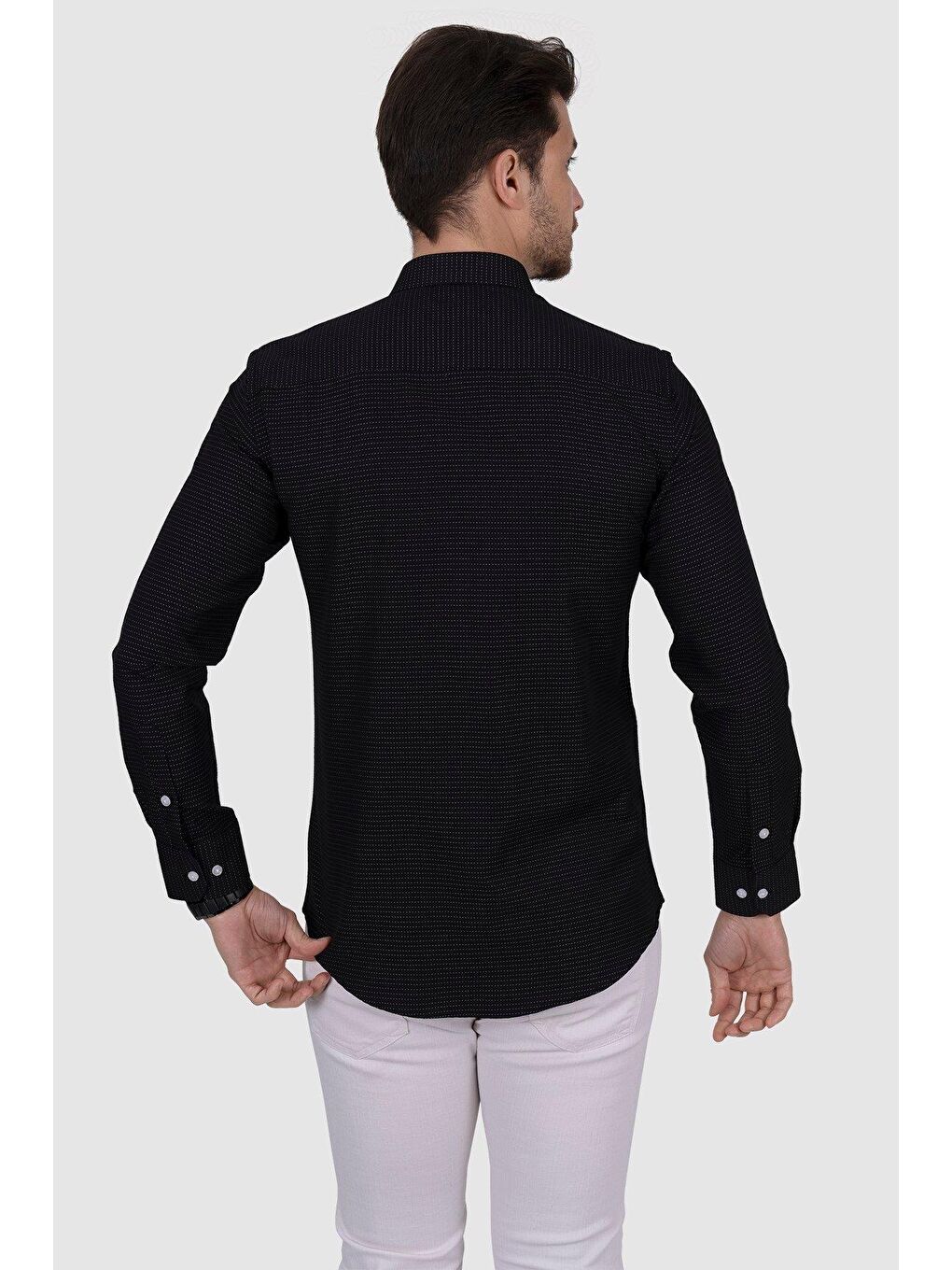 Siyah Nokta Desenli Slimfit Erkek Gömlek-6