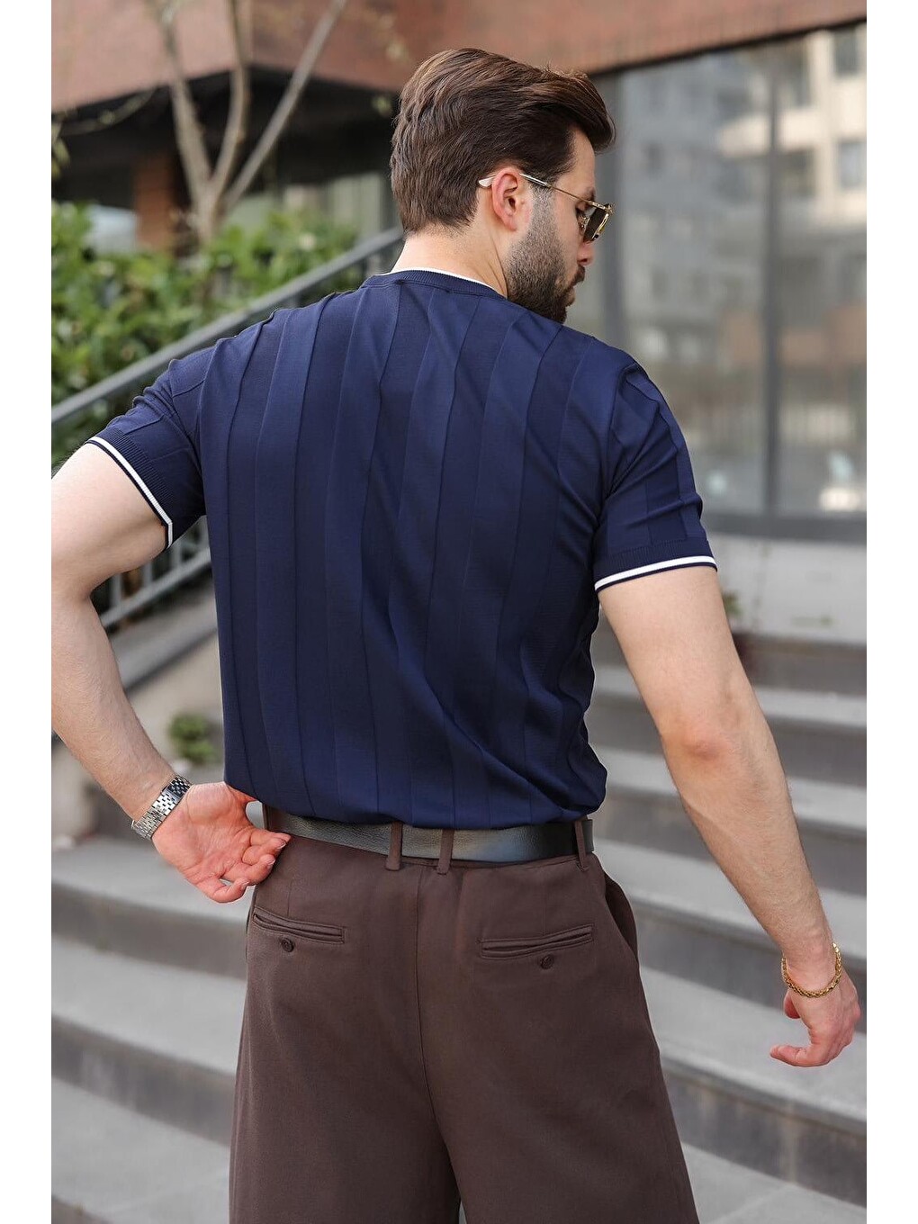 Lacivert Bisiklet Yaka Regular Fit Triko Erkek Tişört E7487-3