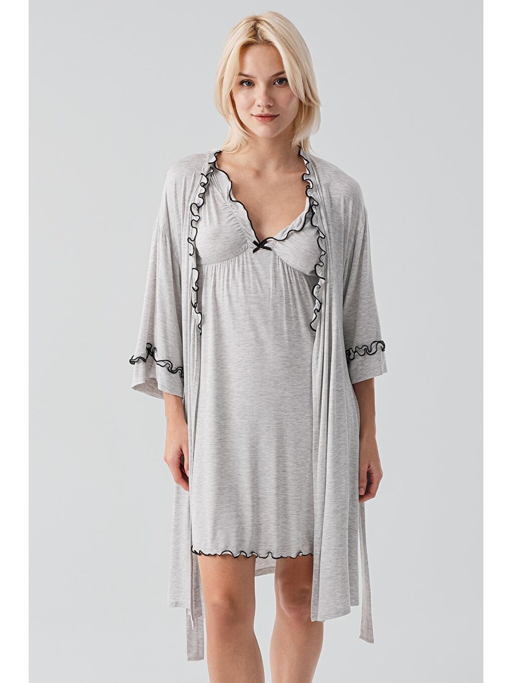 Gri Askılı Kısa Esnek Viskoz Hamile Sabahlık Gecelik Takım 19400-5