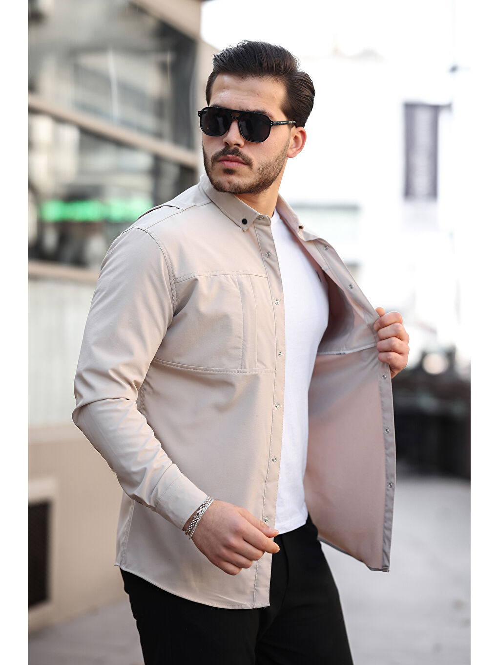 Bej Erkek Gizli Cep Paraşüt Kumaş Gömlek-1