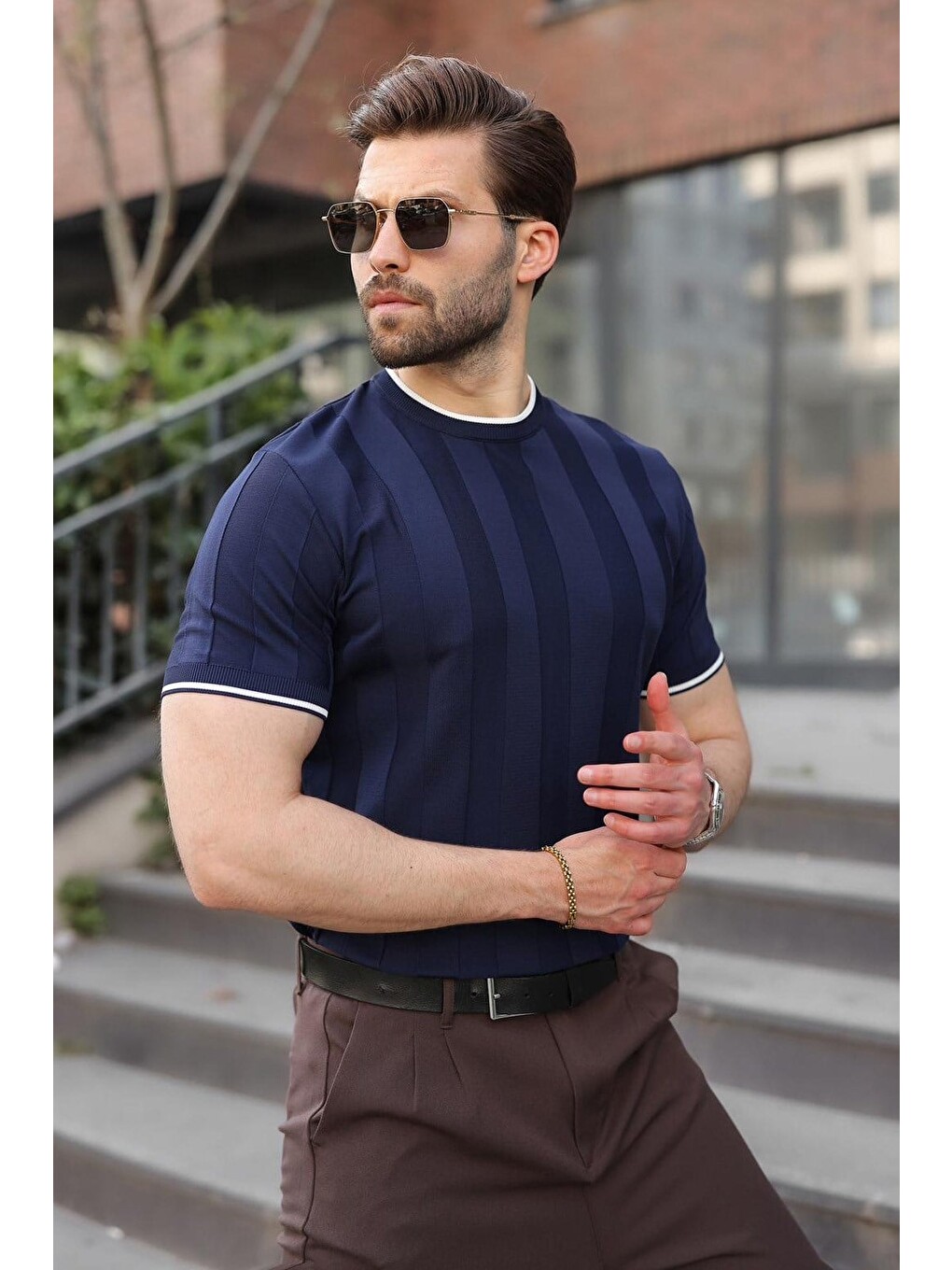 Lacivert Bisiklet Yaka Regular Fit Triko Erkek Tişört E7487-4
