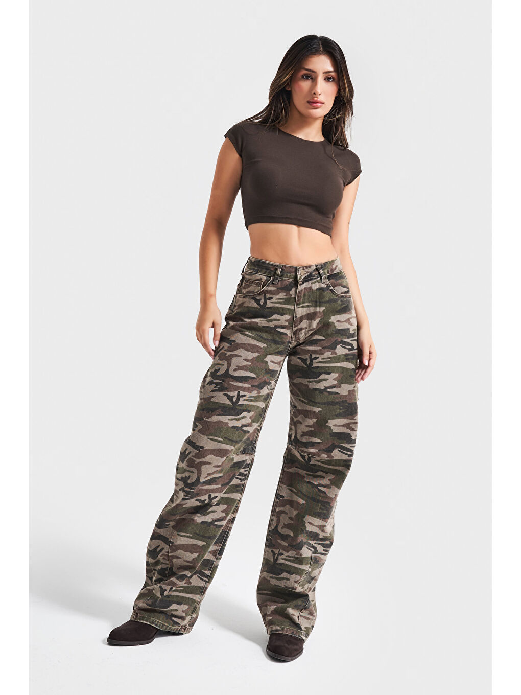 Kahverengi Kadın Kamuflaj Renk 1w5-28 Baggy Fit Bol Kesim İç Boy 83cm Pantolon-4