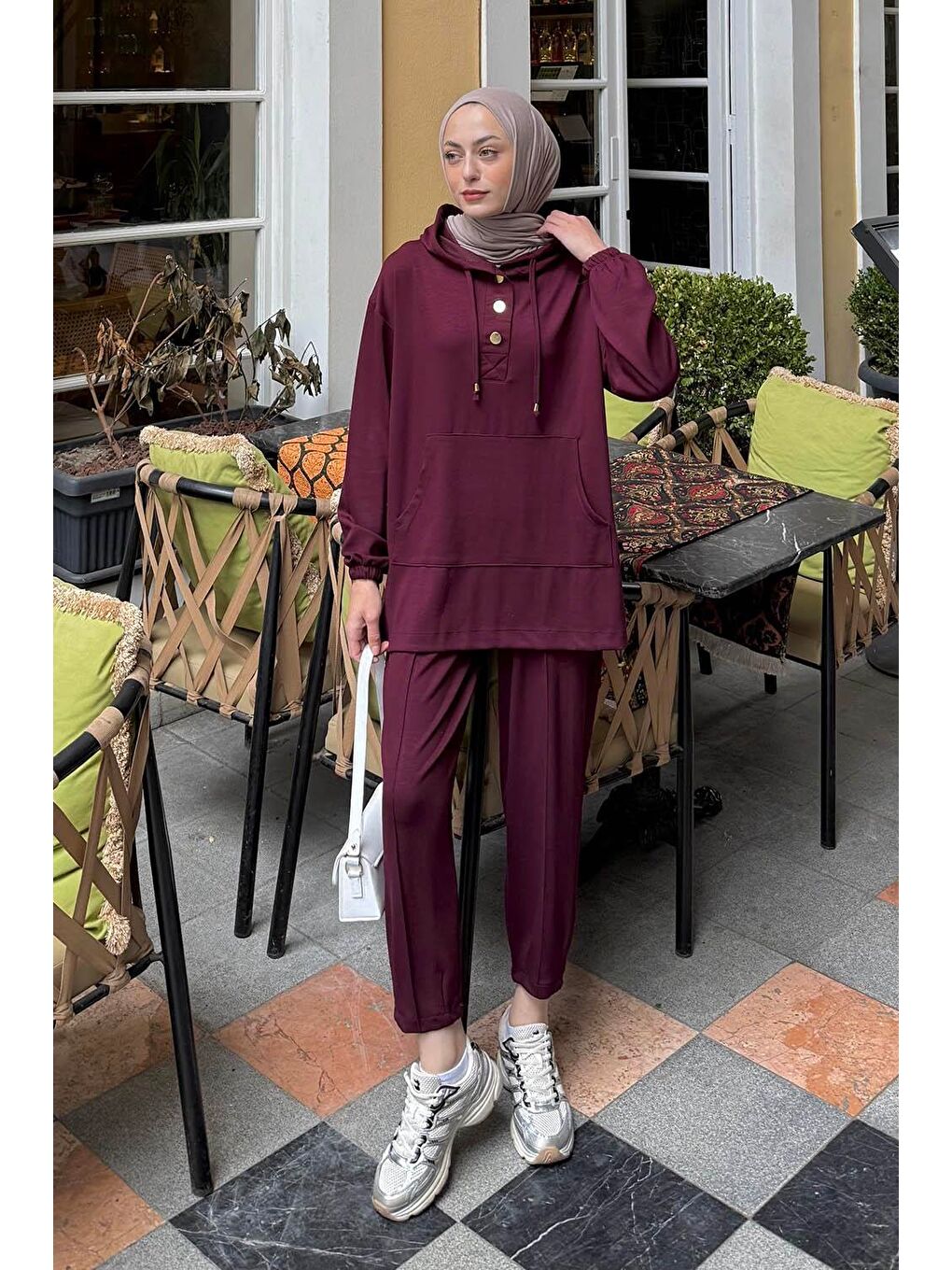 Kapüşonlu İkili Takım Bordo