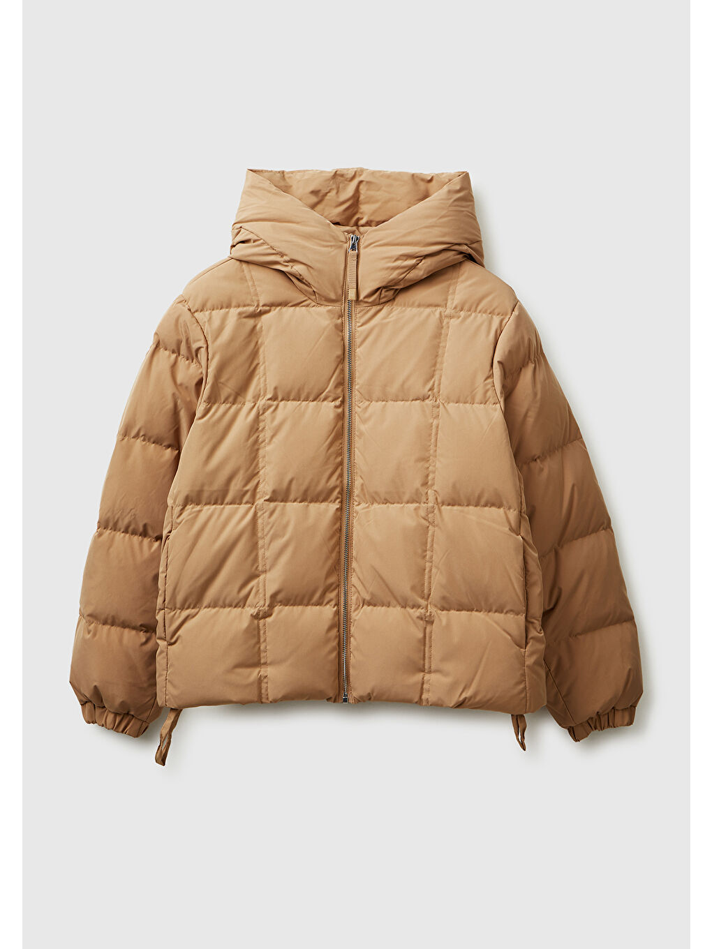 Kadın Açık Kahverengi Kuş Tüyü Kapüşonlu Fermuarlı Kolu Lastikli Şişme Mont-1