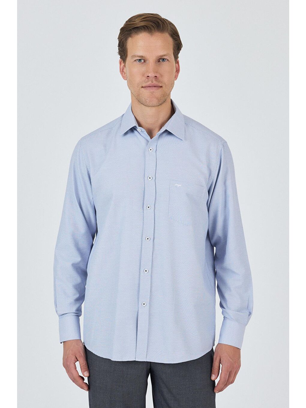 Koyu Lacivert Sert Yaka Kendinden Desenli Classic Pamuklu Comfort Fit Büyük Beden Gömlek 1004250220-2