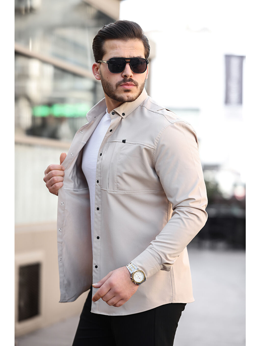 Bej Erkek Gizli Cep Paraşüt Kumaş Gömlek-2