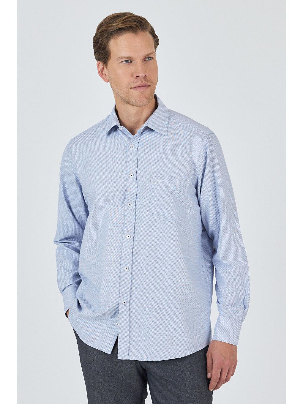 Koyu Lacivert Sert Yaka Kendinden Desenli Classic Pamuklu Comfort Fit Büyük Beden Gömlek 1004250220-3