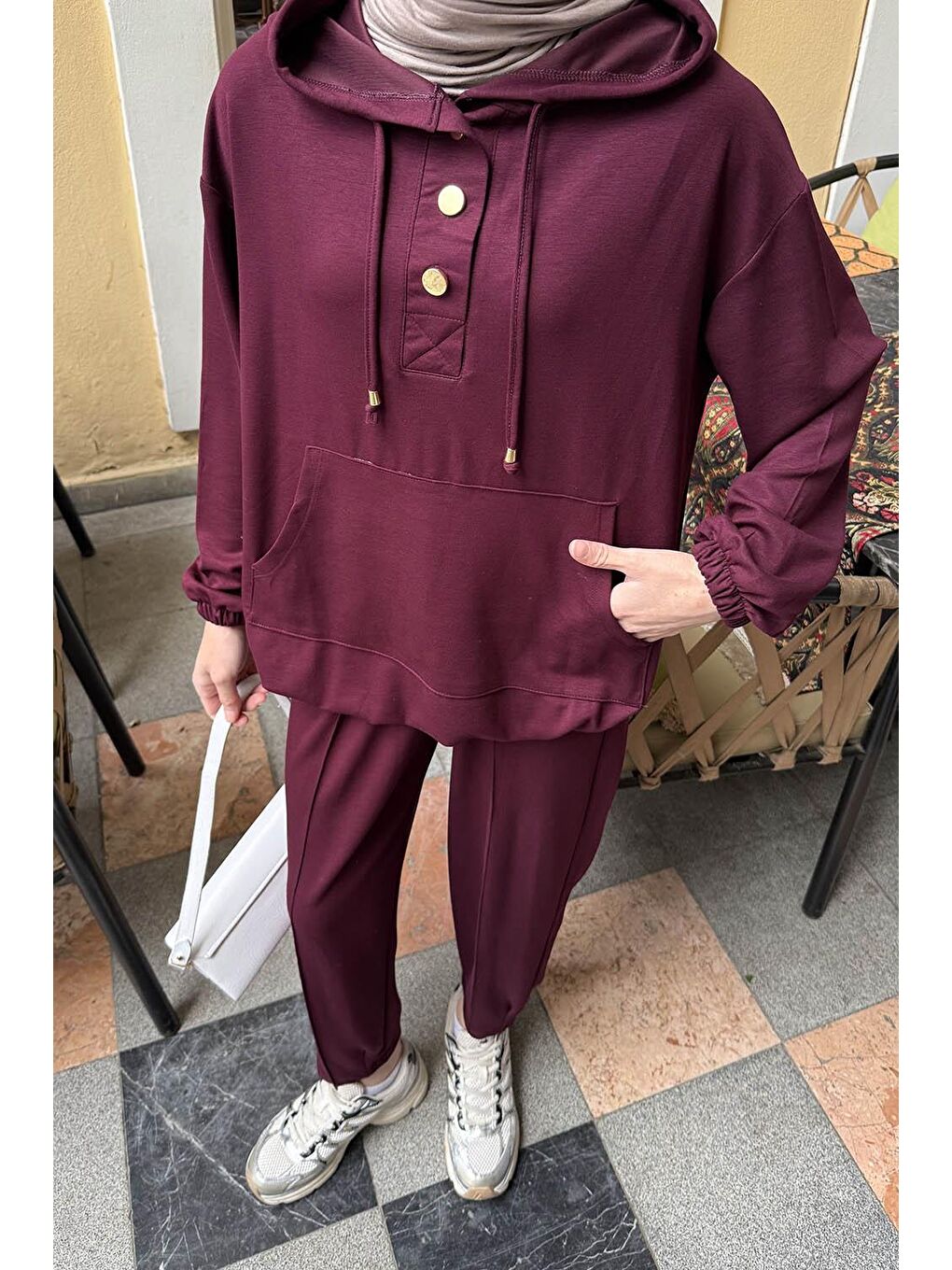 Kapüşonlu İkili Takım Bordo-2
