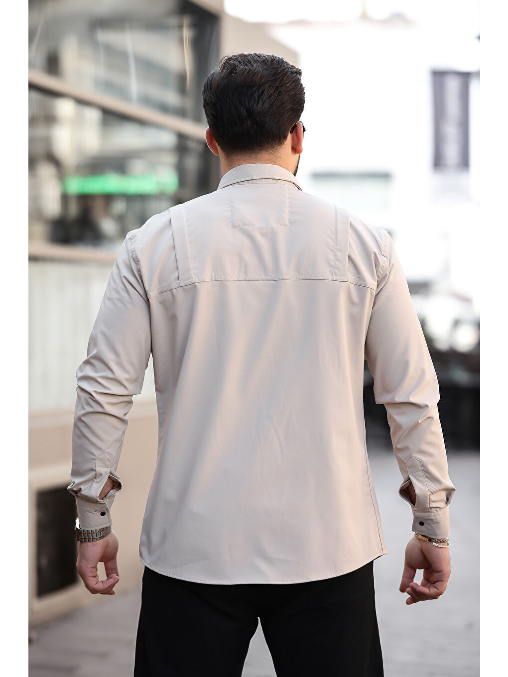 Bej Erkek Gizli Cep Paraşüt Kumaş Gömlek-3