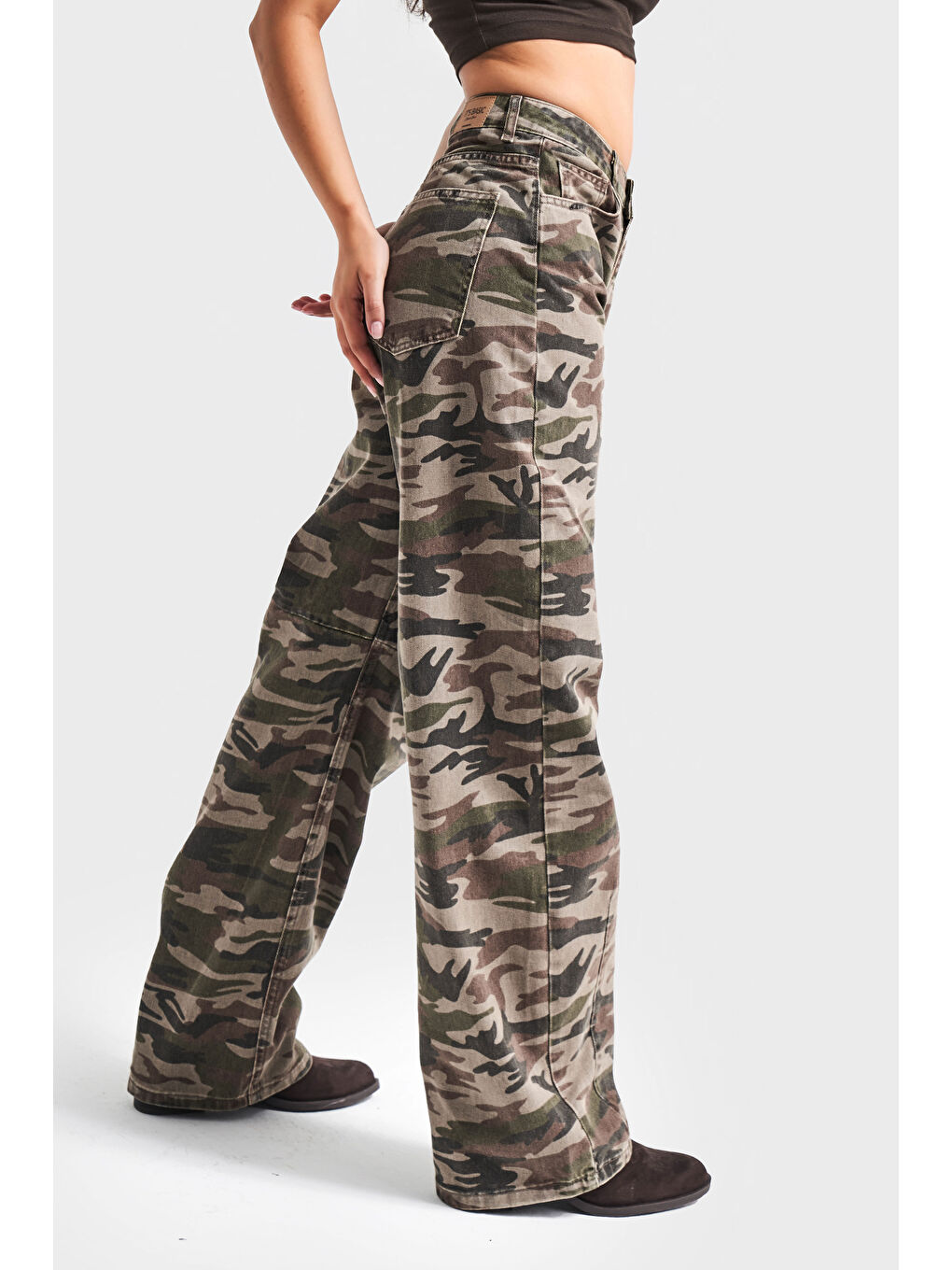 Kahverengi Kadın Kamuflaj Renk 1w5-28 Baggy Fit Bol Kesim İç Boy 83cm Pantolon-3