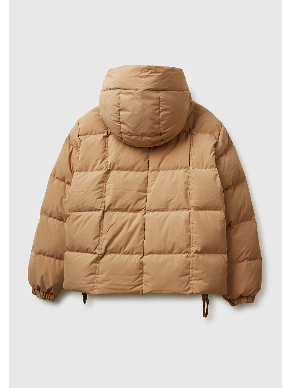 Kadın Açık Kahverengi Kuş Tüyü Kapüşonlu Fermuarlı Kolu Lastikli Şişme Mont-3