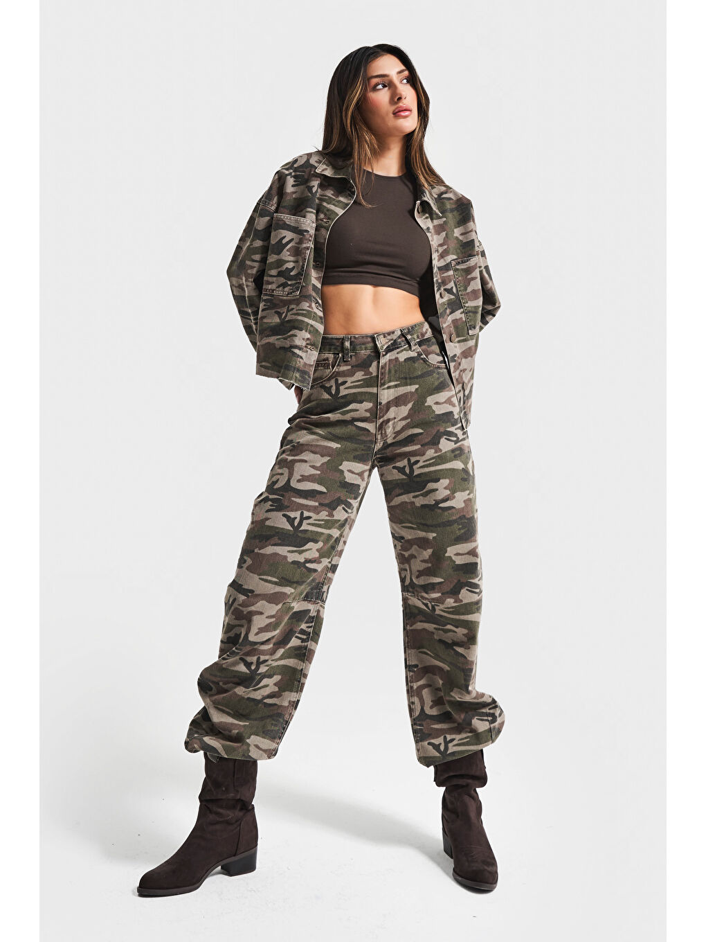 Kahverengi Kadın Kamuflaj Renk 1w5-28 Baggy Fit Bol Kesim İç Boy 83cm Pantolon-2