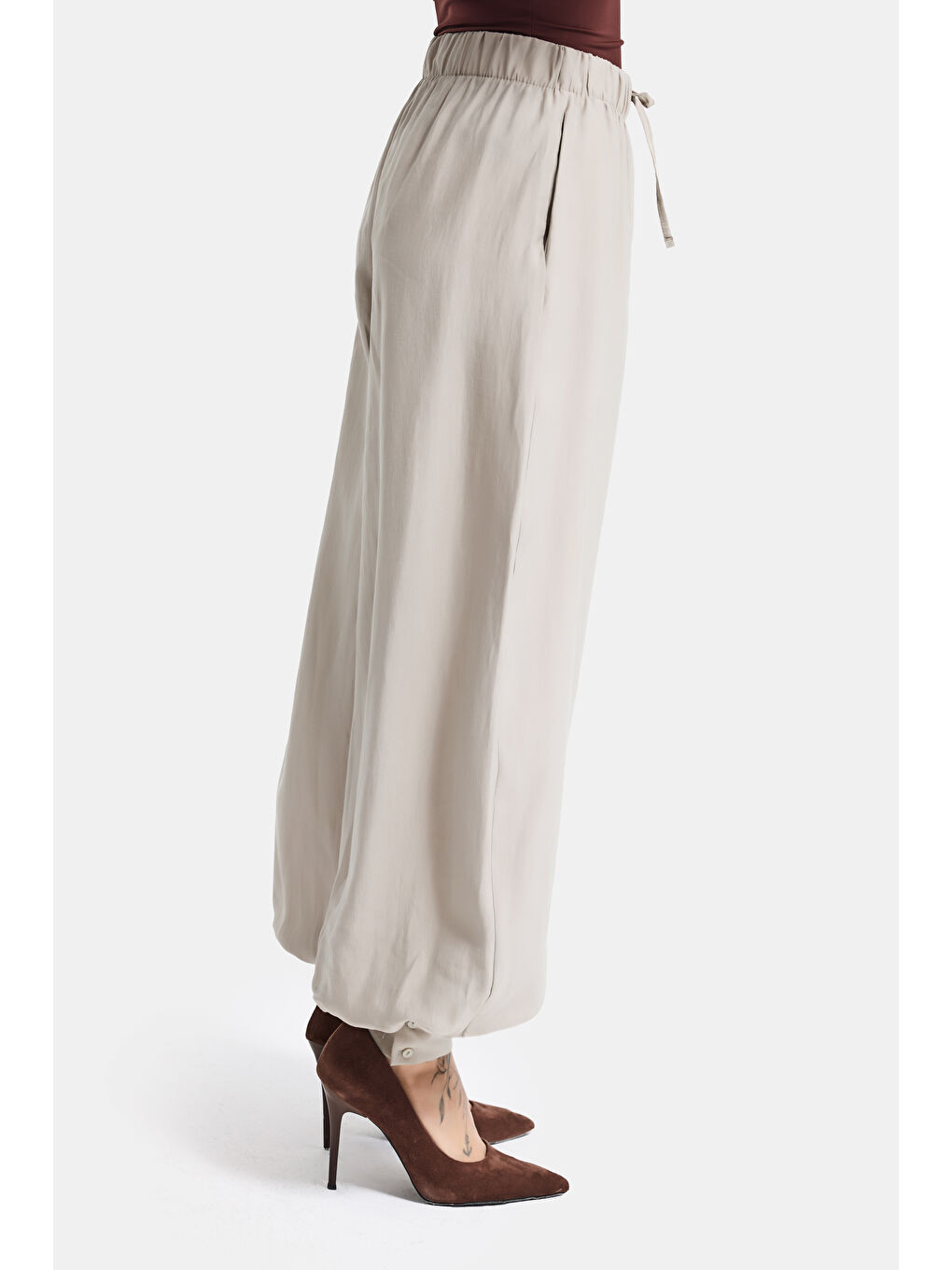 Bej Kadın Taş Renk s5-106 Baggy Fit Viskon Kumaş Rahat Kesim Yürüyüş Pantolonu-5