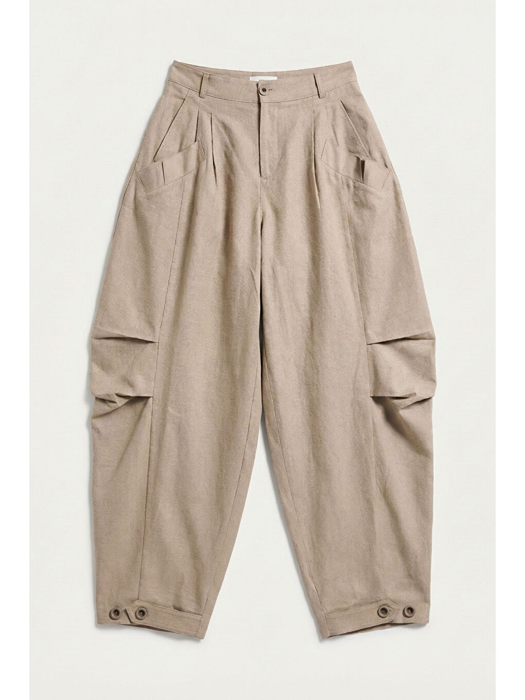 Kadın Taş Bej Renk Balon Fit Bol Kesim Organik Keten Kumaş Tasarım Pantolon-4