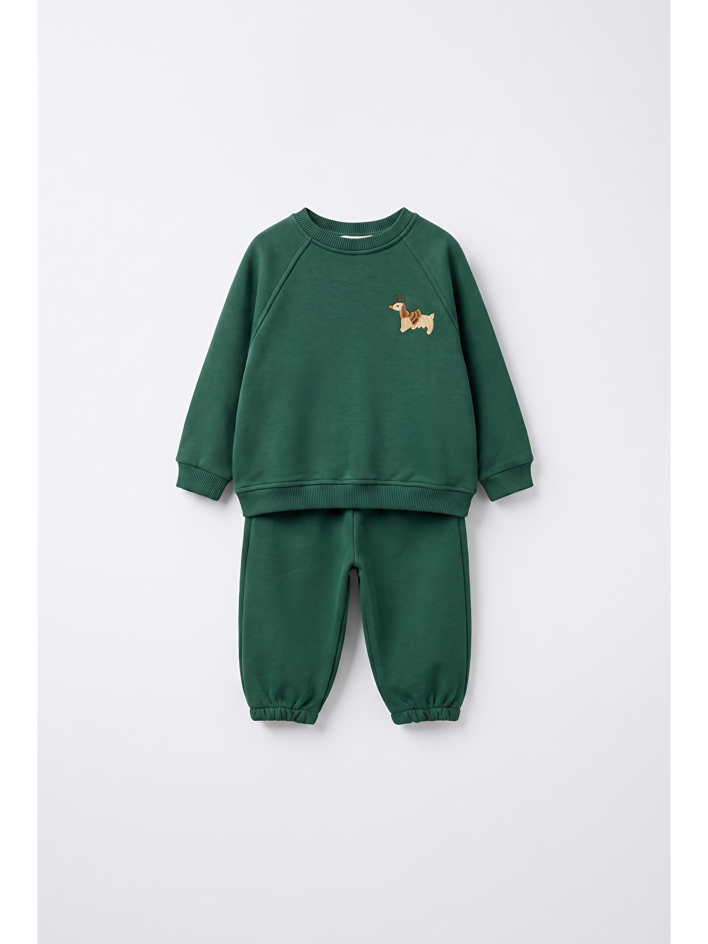 Bebek Pamuklu Köpek Nakışlı Yeşil Sweatshirt Ve Eşofman Altı Takımı