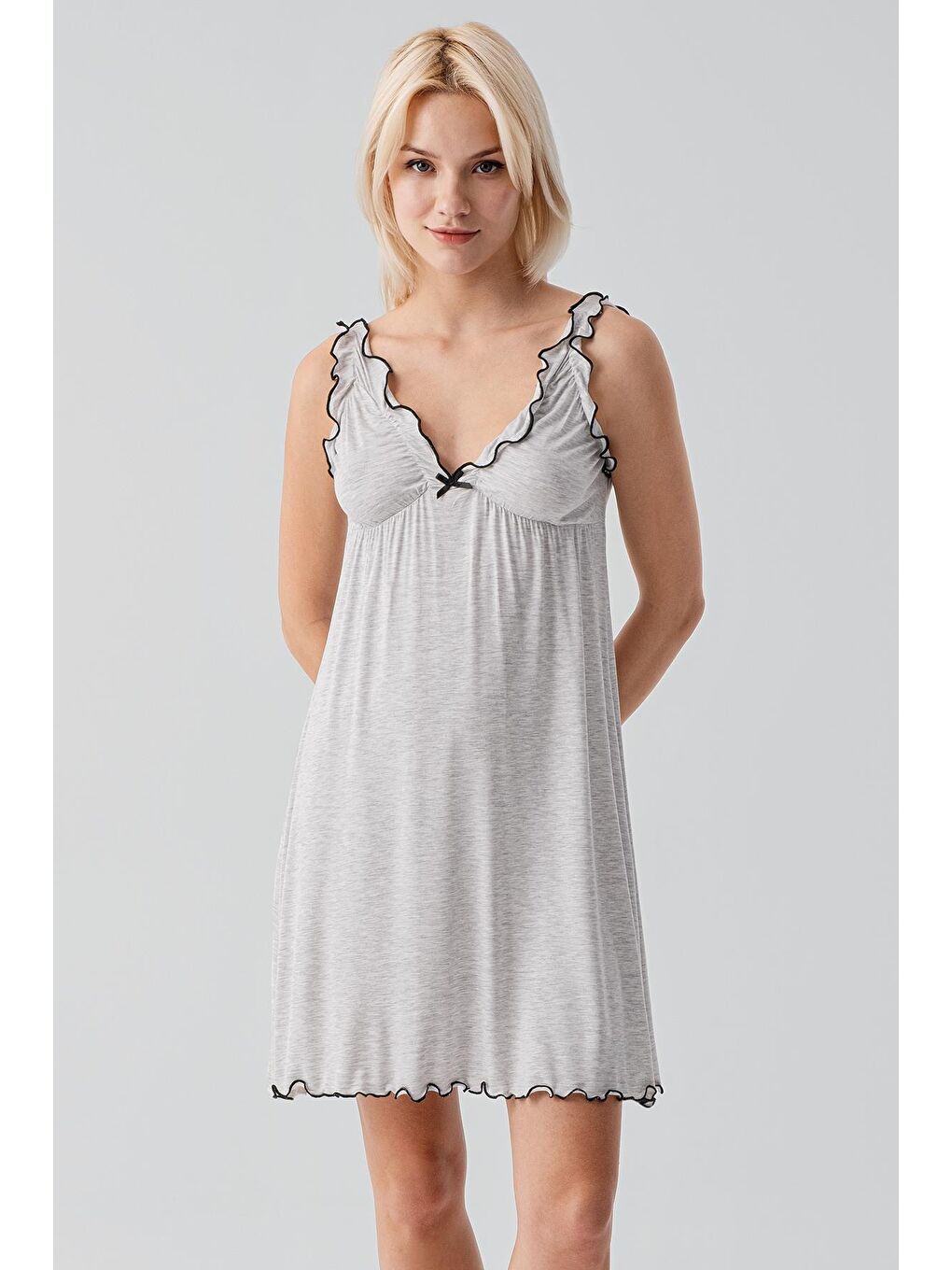 Gri Askılı Kısa Esnek Viskoz Hamile Sabahlık Gecelik Takım 19400-7