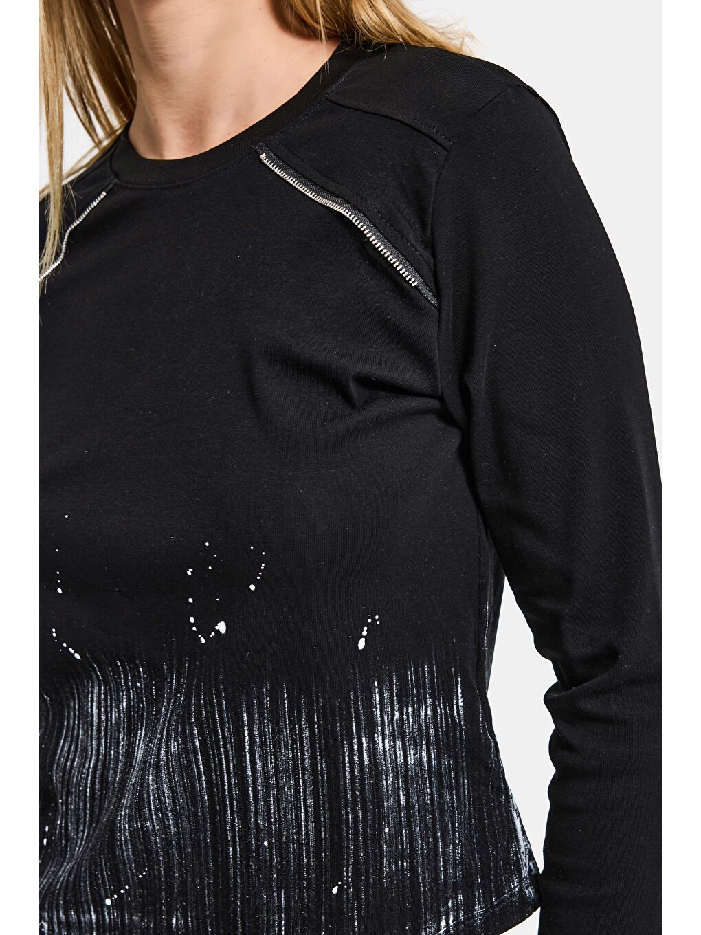 Kadın Siyah w5 Özel Baskılı Kumaş Fermuar Detaylı Tasarım Body-2