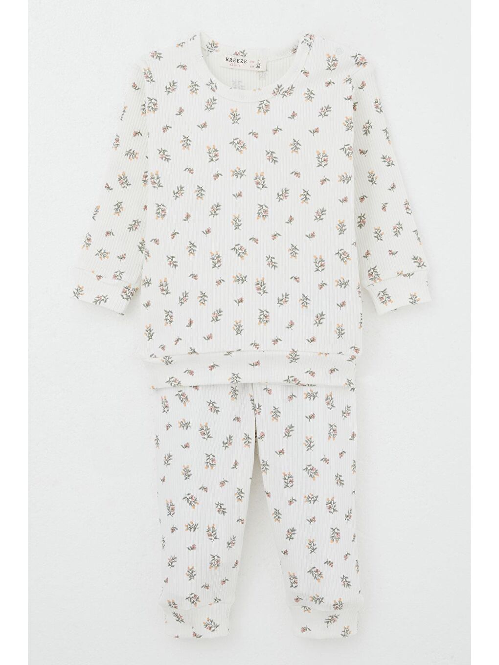 Kız Bebek Pijama Takımı Omuzdan Patlı Çiçek Desenli Ekru (4 Ay-1 Yaş)